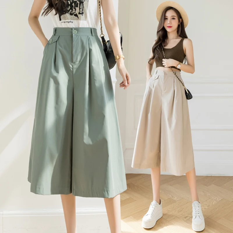 Moda 2021 estate stile coreano pantaloni a gamba larga Capris donna pantaloni larghi a pieghe a vita alta pantaloni Casual femminili gonne