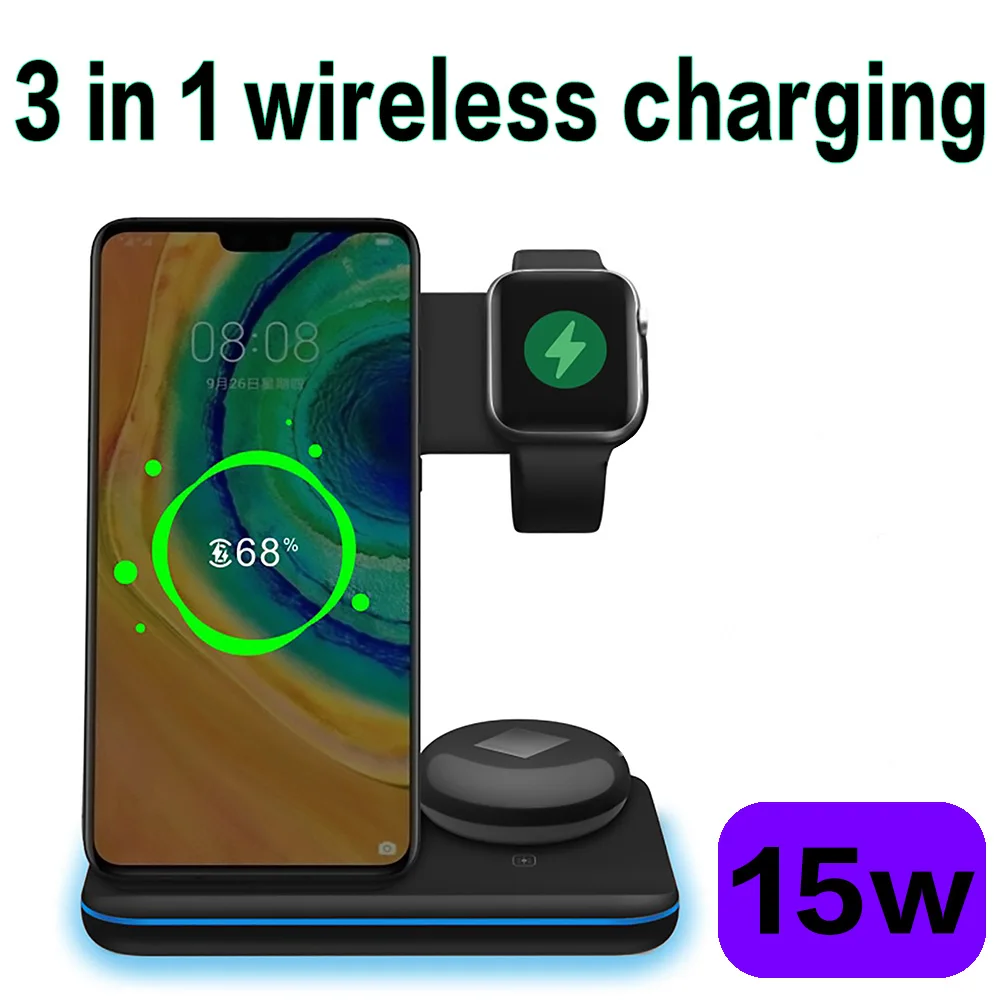 

15W 3 in 1 Qi Wireless Charger Stand For iPhone 12 11 XS XR X 8 AirPods Pro Charging Dock Station For Apple Watch iWatch 6 5 4 3