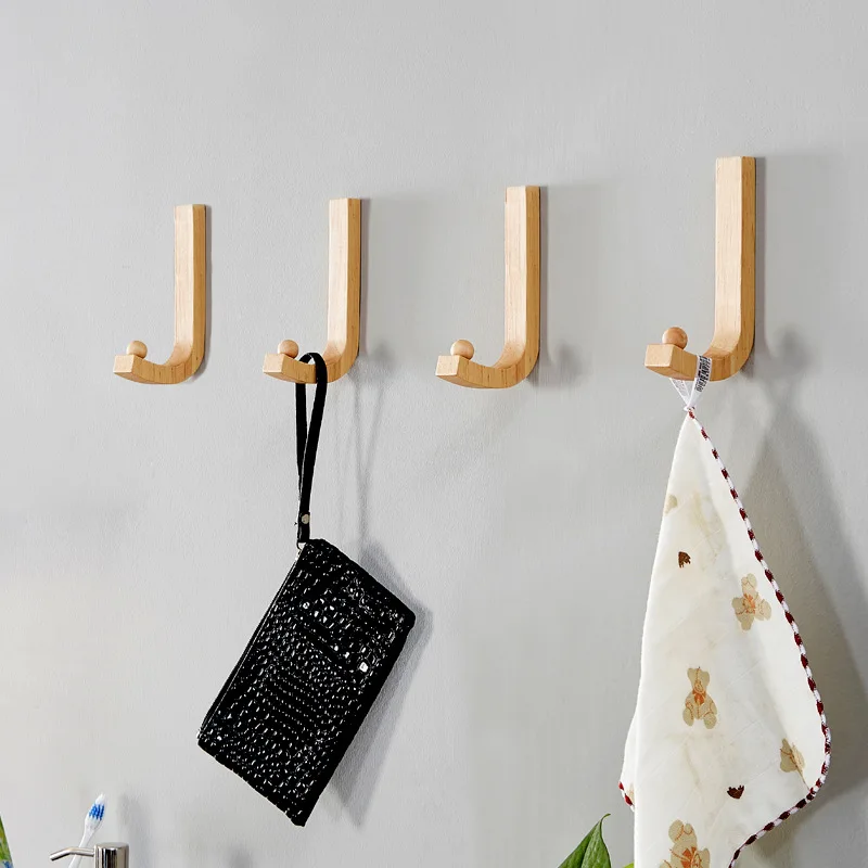 

4pcs Minimalist J shape Coat Hanger Single Hook Wooden morden Japanese Style Wall Key Holder Bag Hat Scarf Decorative