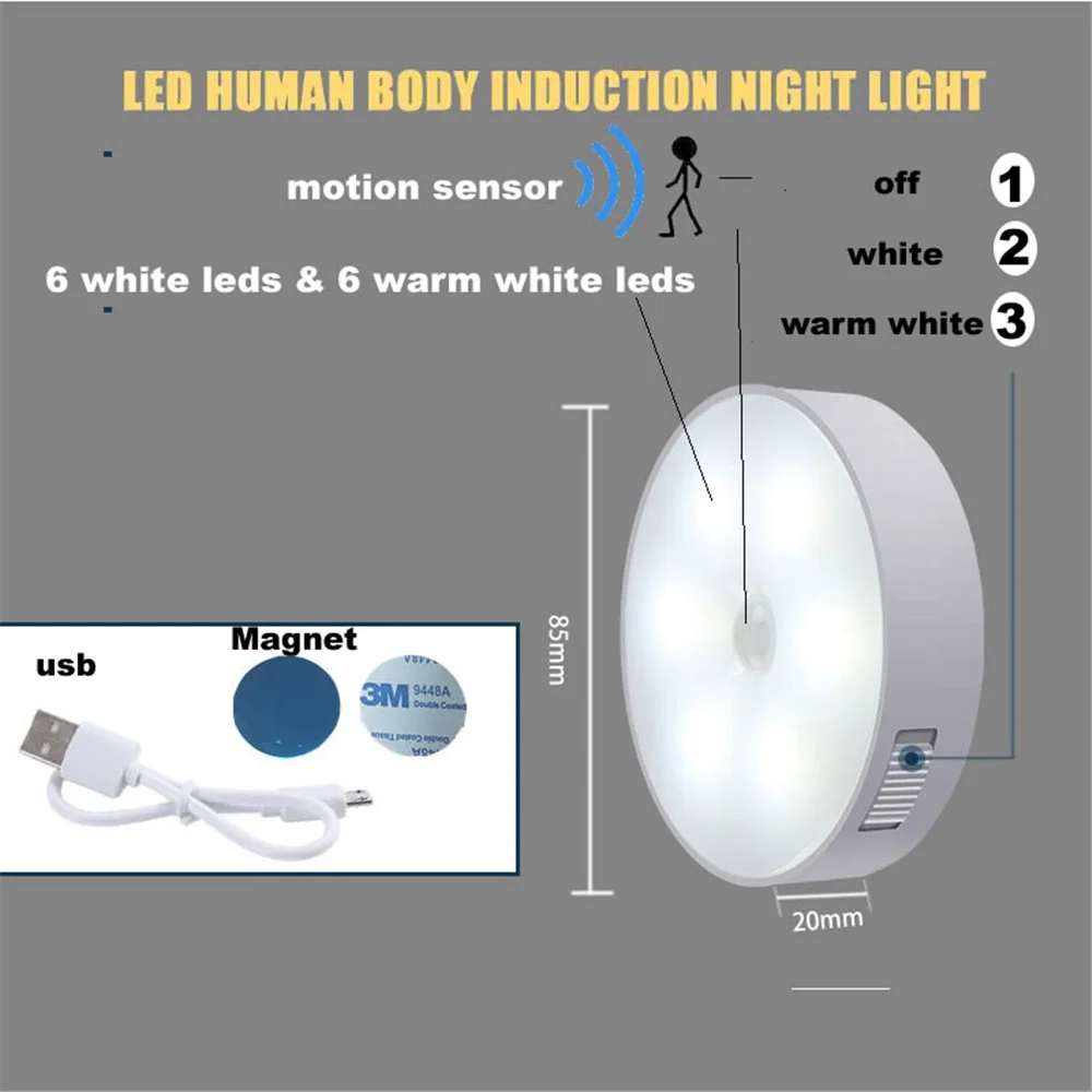 

1-6pcs 6+6 leds Pir Motion Sensor Night Lamp Warm White Under Cabinet Closet Wardrobe Bedroom Kitchen Stairs Lighting LED Puck