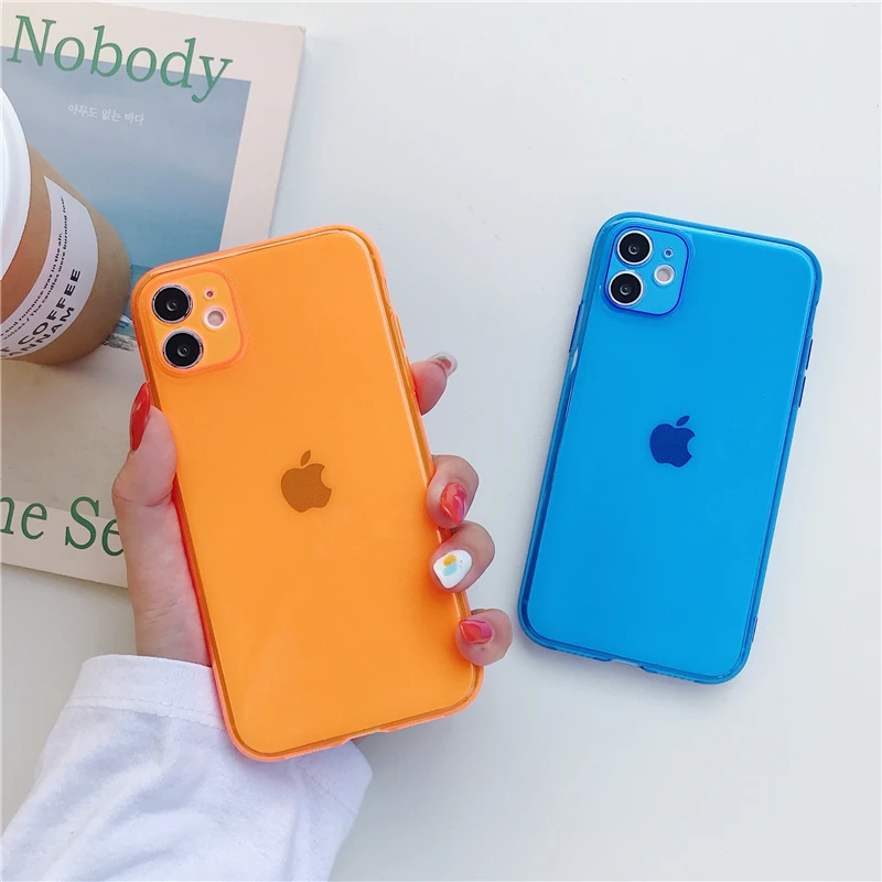 Fluorescent Camera Protection Phone Case For iPhone 13 12 11 Pro XR XS Max X XS 7 8 6 Plus SE2 Soft Candy Color Clear Back Cover