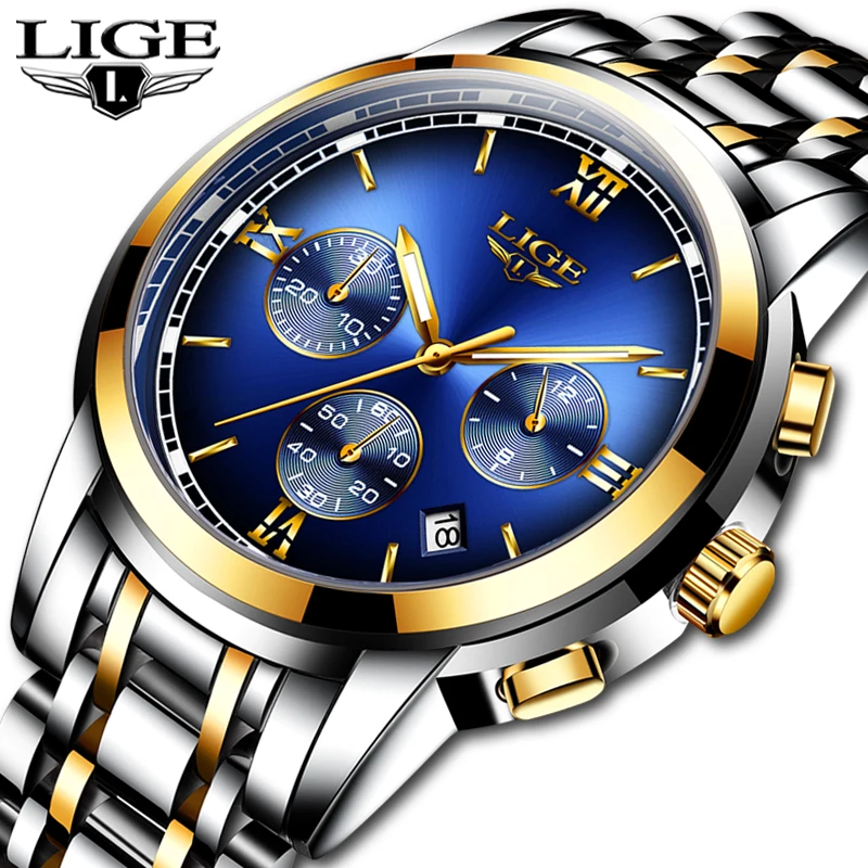 Montre Homme Часы для мужчин люксовый бренд LIGE Хронограф Мужские спортивные часы