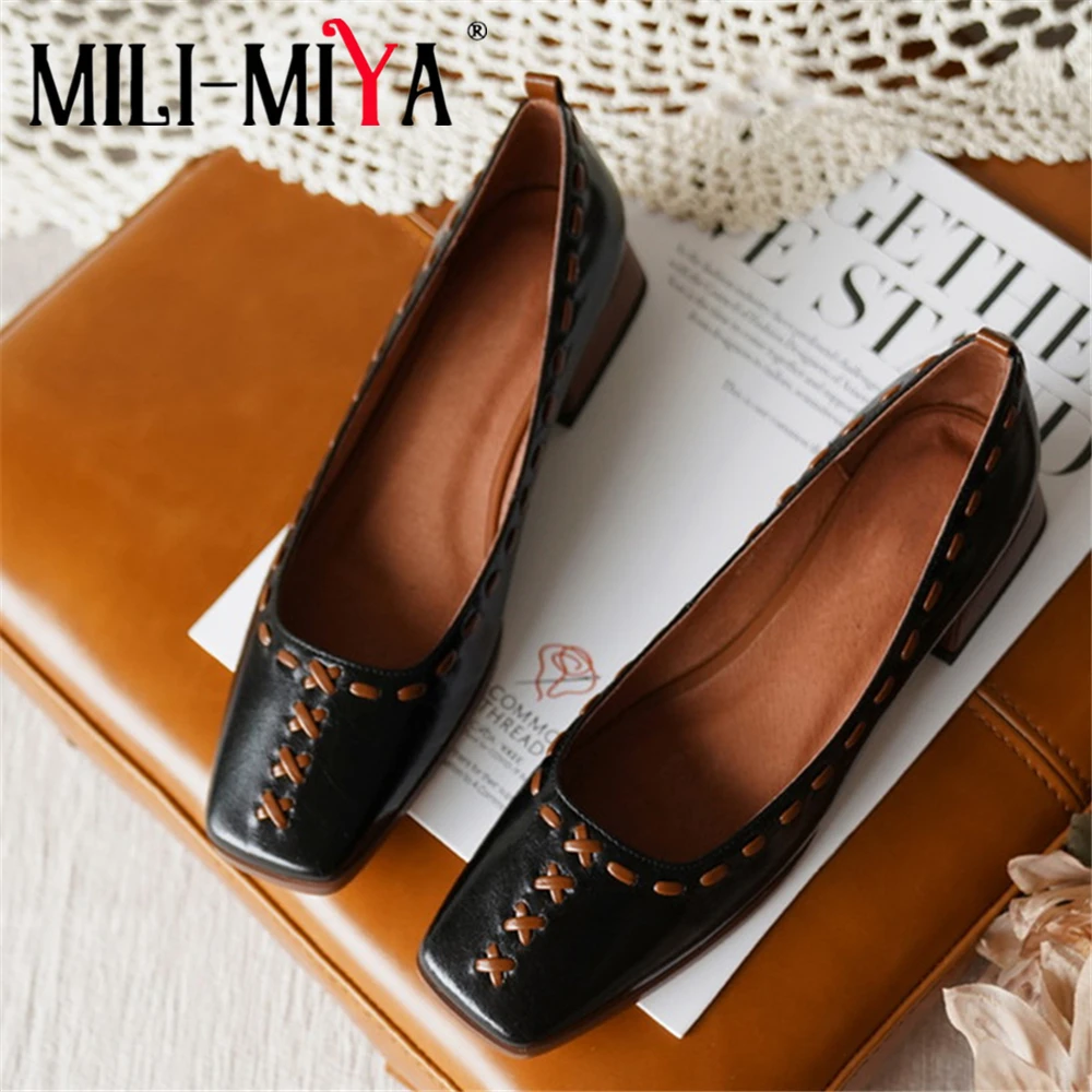 

MILI-MIYA Новое поступление, без шнуровки, женская обувь из кожи с лицевым покрытием женские туфли-лодочки на толстом каблуке в сдержанном стиле...