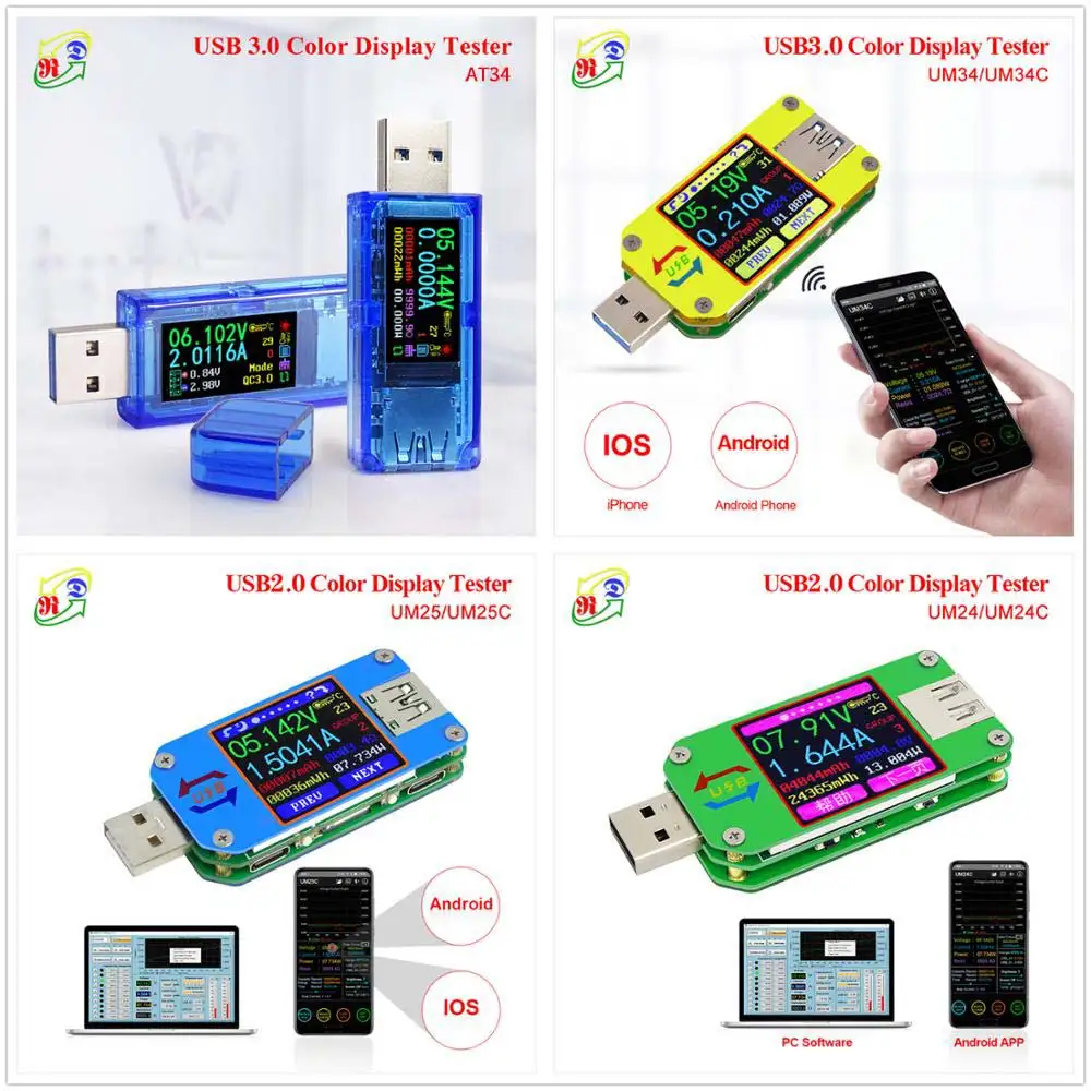 AT34 UM34/UM34C UM24/UM24C UM25/UM25C цветной ЖК-дисплей USB тестер напряжения измеритель тока