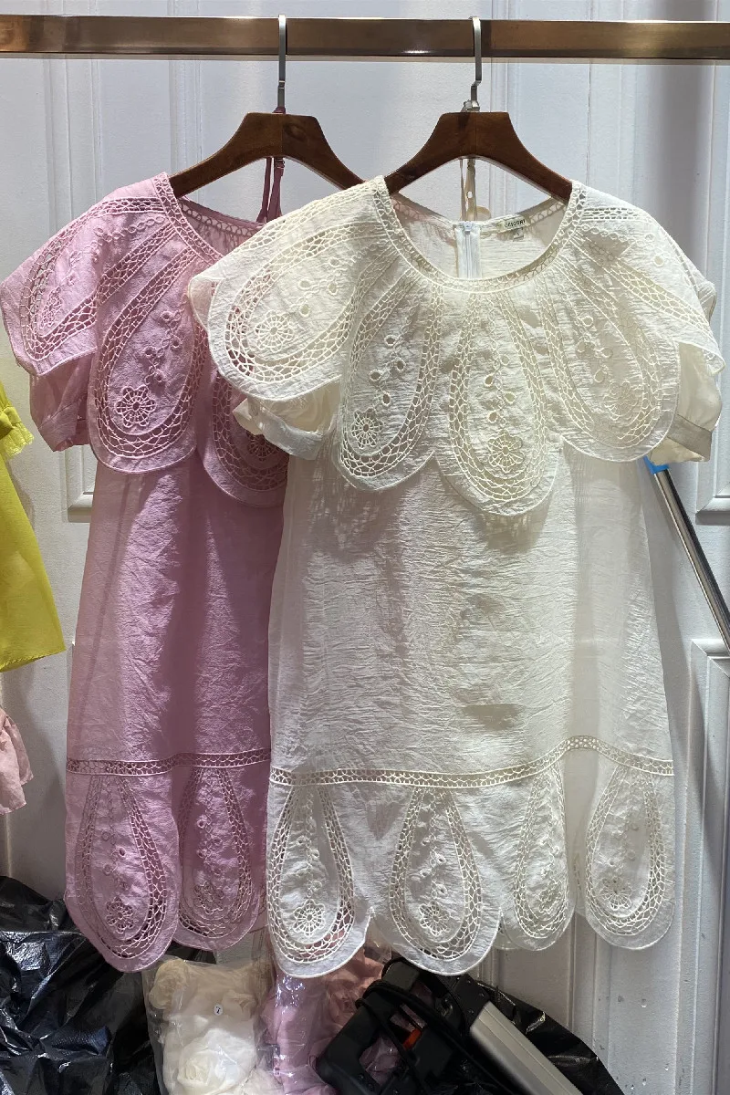 

European Station Summer 2021 New Women's Big Petal Cloak Collar Hollow Out Embroidery Solid Short Sleeve Lace Dress