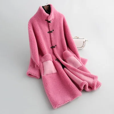 rose Red Длинная оторочка из овечьей шерсти, пальто, женская,, зимняя новая оторочка из овечьей шерсти, один длинный рукав, теплое пальто с мехом, hh00110 - Цвет: rose Red
