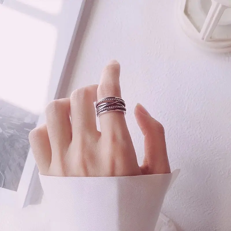 

S925 Sterling Silver Korean Design Vintage Thai Silver Distressed Multi-Layer Index Finger with Opening Versatile Personality Fe