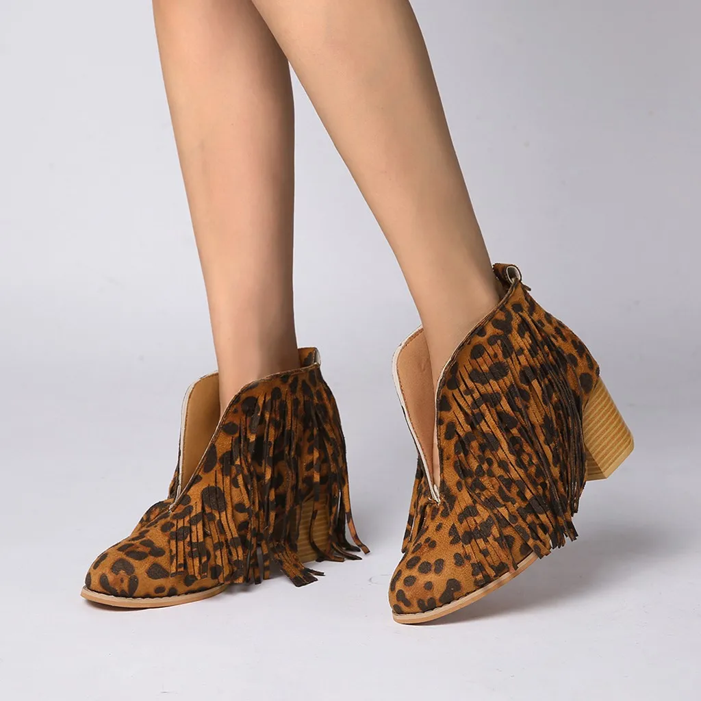 Женские Модные ботильоны с леопардовым принтом и бахромой Повседневные короткие