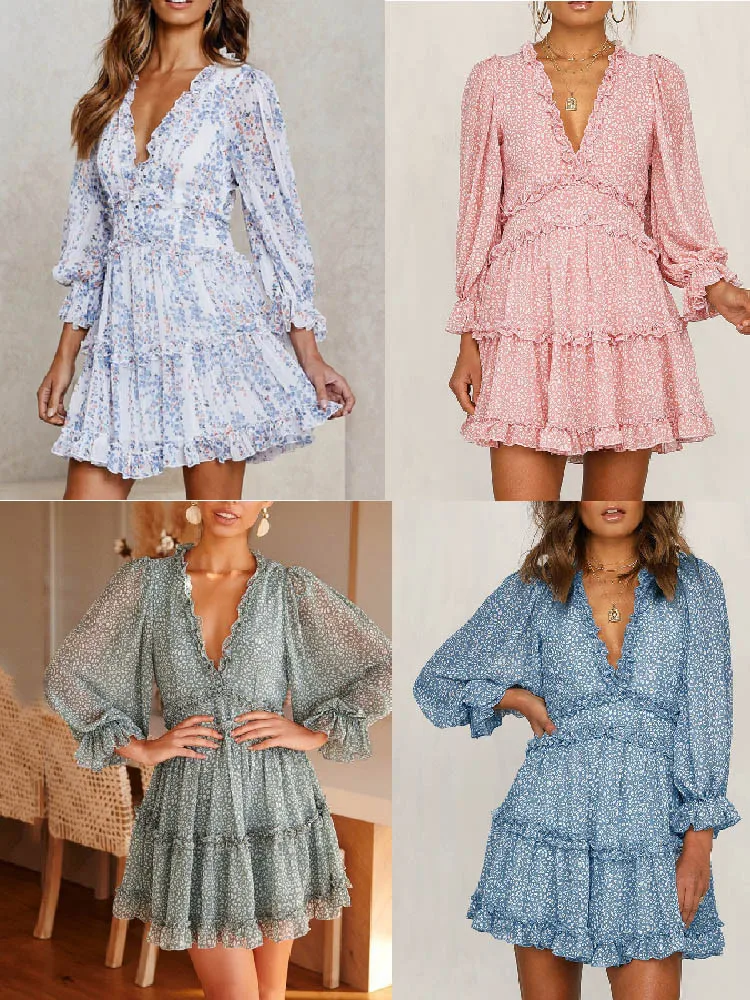 Сексуальное женское осенне-зимнее платье Chiffion Ruffles с длинным рукавом глубокий v-образный вырез вечерние облегающие тонкие одноцветные мини-платья Vestidos# g3