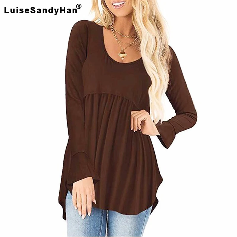 Рубашка с рукавами колокольчиками Женская осенняя новая однотонная круглой шеей