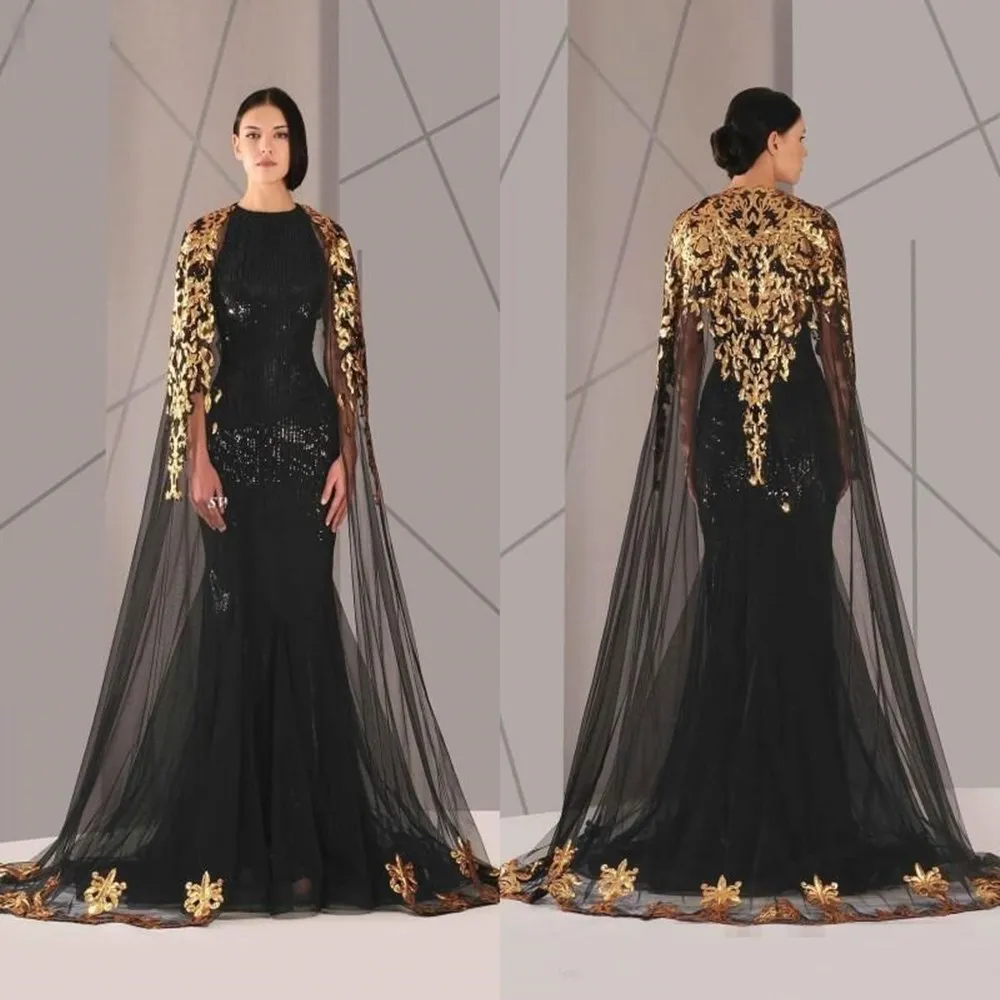 

Arabic Formal Pageant Cocktail Dresses With Cloak Gold Lace Plus Size Black Sequined Vestidos De Novia Prom Occasion Gown