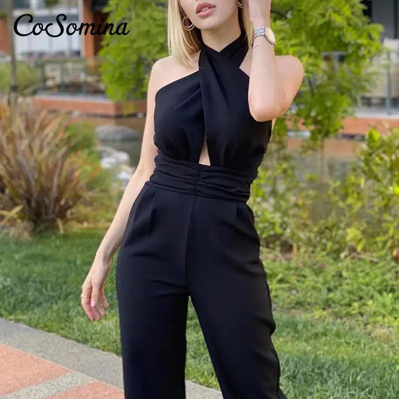 

CoSomina Women Sexy Criss-Cross Halter Jumpsuit Women Backless Sleeveless High Waist Ruched Office Lady White Rompers Jumpsuits