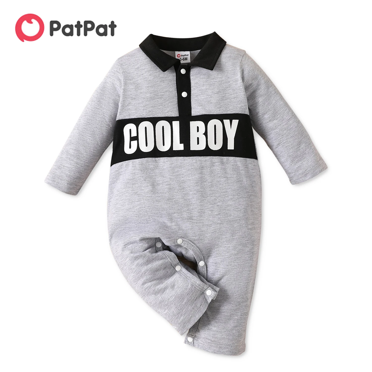 

PatPat baby Boy Letter Print Lapel Collar Button Design Long-sleeve Jumpsuit