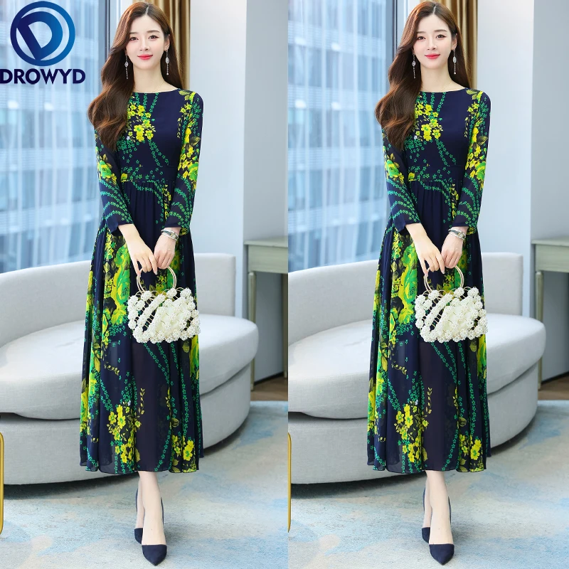 

2021 Women Green Chiffon Casual Boho Maxi Dress Autumn Long Sleeve Vestido Midi O-neck Spring Bodycon Robe Green Party Vestidos