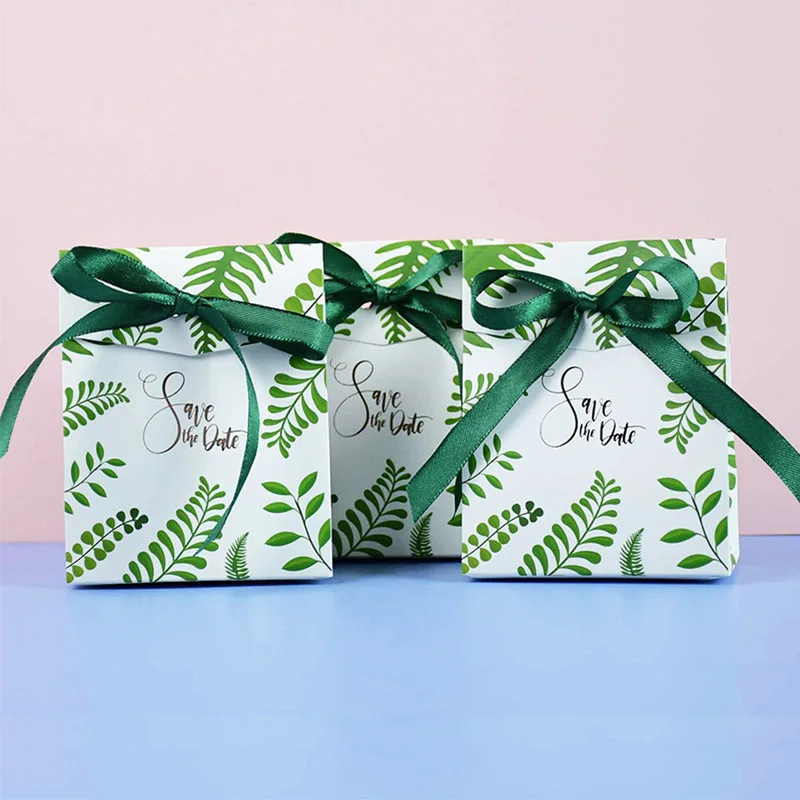 

New Green Leaf Candy Box Wedding Favor Boxes Bonbonniere Gift Pacakging Bags with Ribbon DIY Kit Wedding Favour Party Supplies