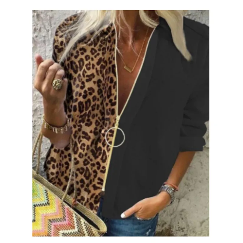 Повседневная леопардовая черная Лоскутная блуза рубашка Осенние женские