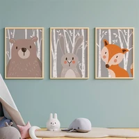 cute cartoon forest animals poster bear rabbit fox canvas painting nordic minimalist wall art pictures nursery baby room decor