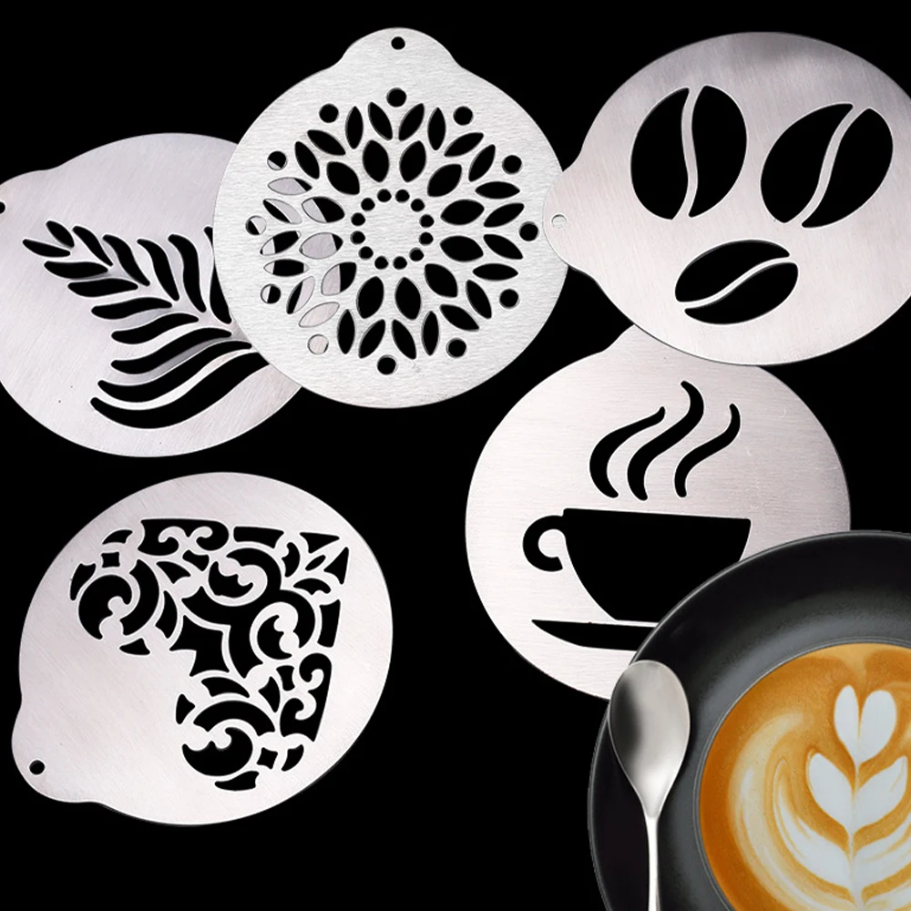 

Creative 5pcs Stainless Steel Coffee Stencils Fancy Coffee Printing Model Foam Spray Cake Stencils Kitchen Coffeeware Gadgets