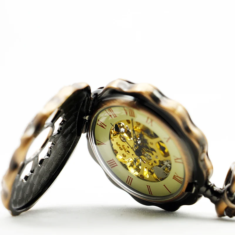 New Rose Gold Flower Pendant Pocket Watches Vintage Men Women Mechanical Pocket Watches With Fob Chain Roman Numbers Best Gifts