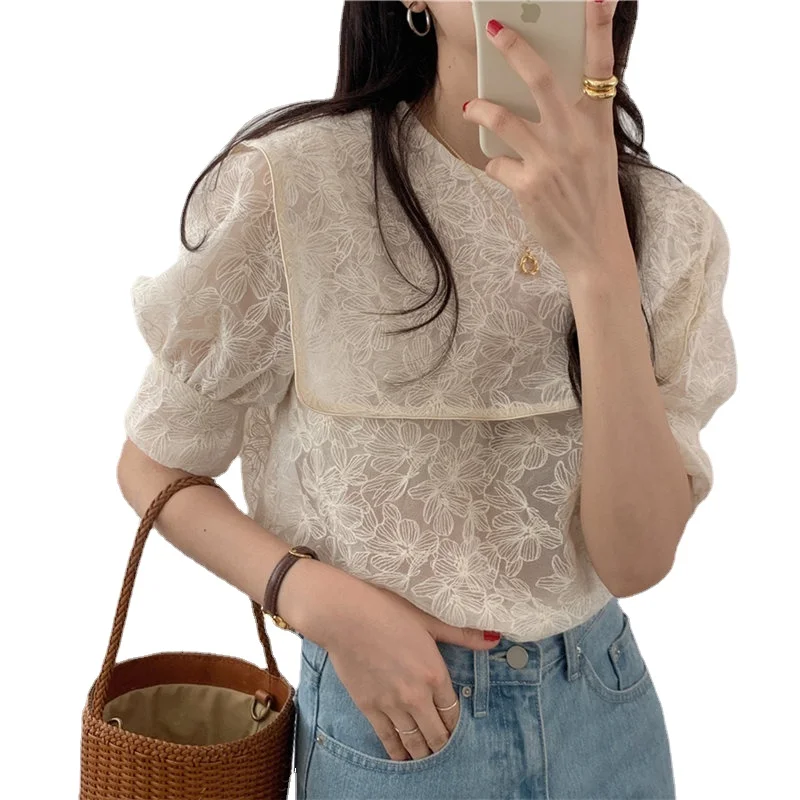 

Navy Style Lapel Embroidery Lace Cute Women Blouses Chic Lady Gentle Half Sleeves Sweet Girls Loose Shirt Tops Woman Shirts