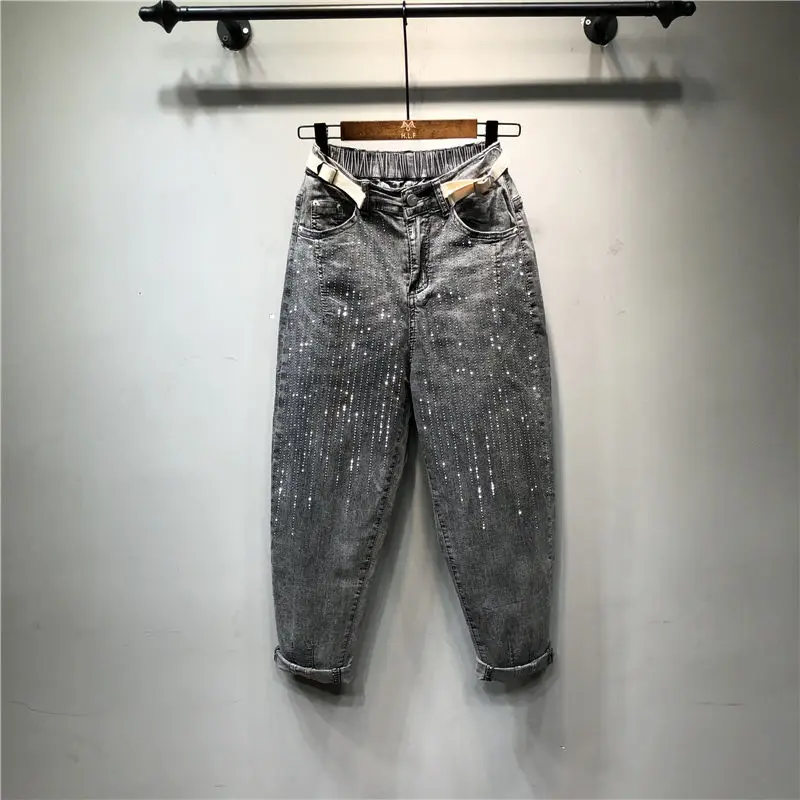 

Женские джинсовые брюки большого размера, новинка сезона весна-осень 2021, эластичные повседневные шаровары с высокой талией, джинсы до щикол...