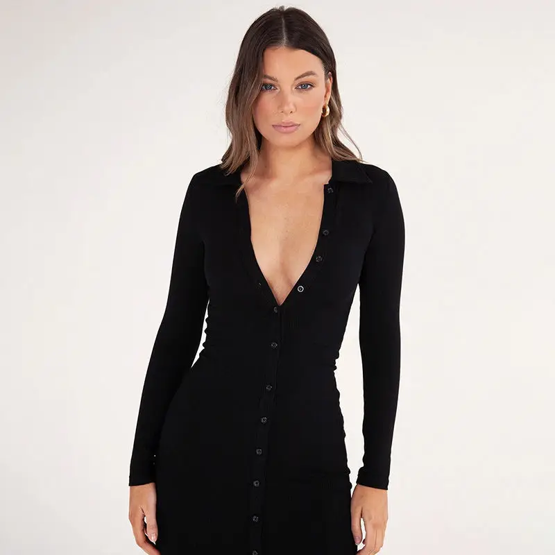 

Long Sleeve Party Dresses Women Button Knitted Ankle-length V-neck Skinny Spring Sexy Dress Women Split Hem Vestido Feminino