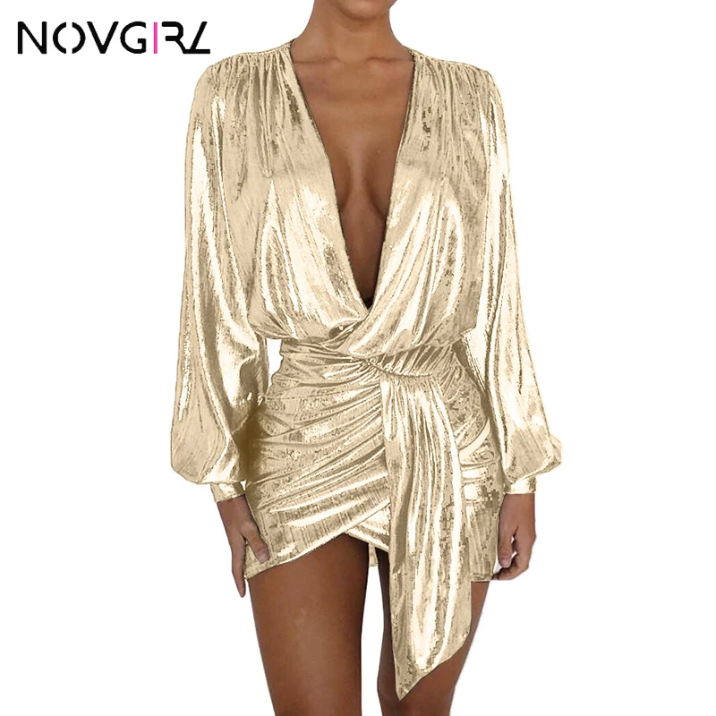Novgirl Oversize XS-2XL Night Club Metalic Plunge Party Gold Dress Sashes Ruched Bodycon Deep V Neck Sexy Dresses | Женская одежда