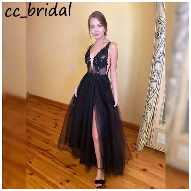 Черные Сплит Длинные Выпускные платья 2020 сексуальное с v образным вырезом