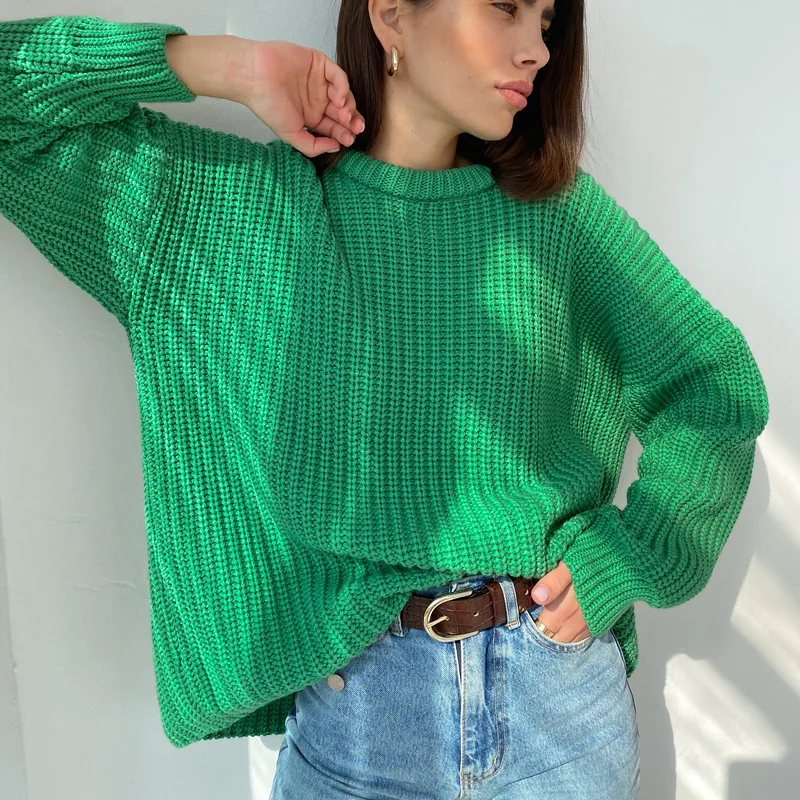 

Women's Knitted Thicken Pullovers Sweater Autumn Winter Oversize Sweater Women Long Sleeve Casual Solid Green Sweaters Female