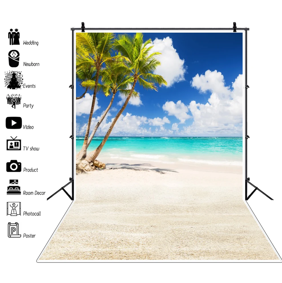 

Summer Holiday Seaside Beach Scenery Photo Background Coconut Tree Blue Sky Clouds Photocall Scene Family Photography Backdrop