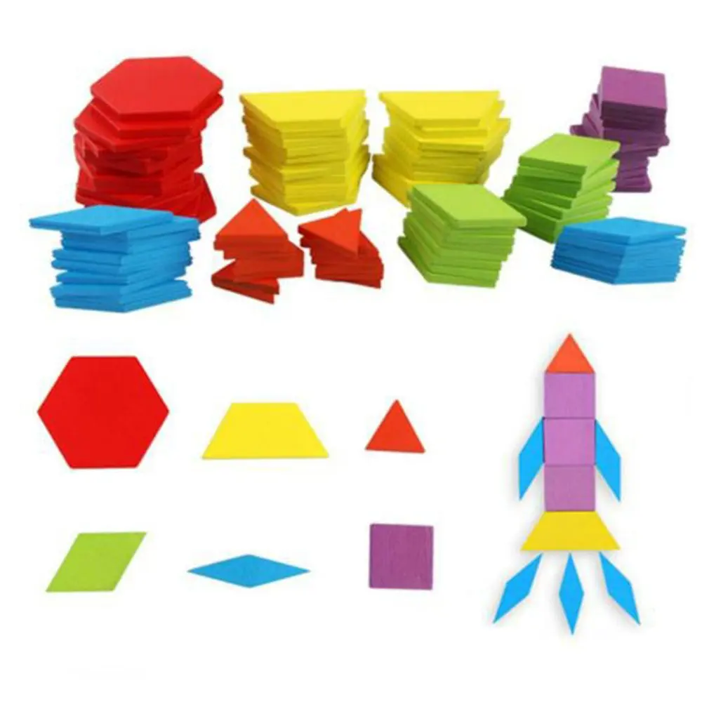 155 Pcs Wooden Pattern Blocks Set Geometric Shape Puzzle Kindergarten Classic Educational Montessori Tangram Toy | Игрушки и хобби