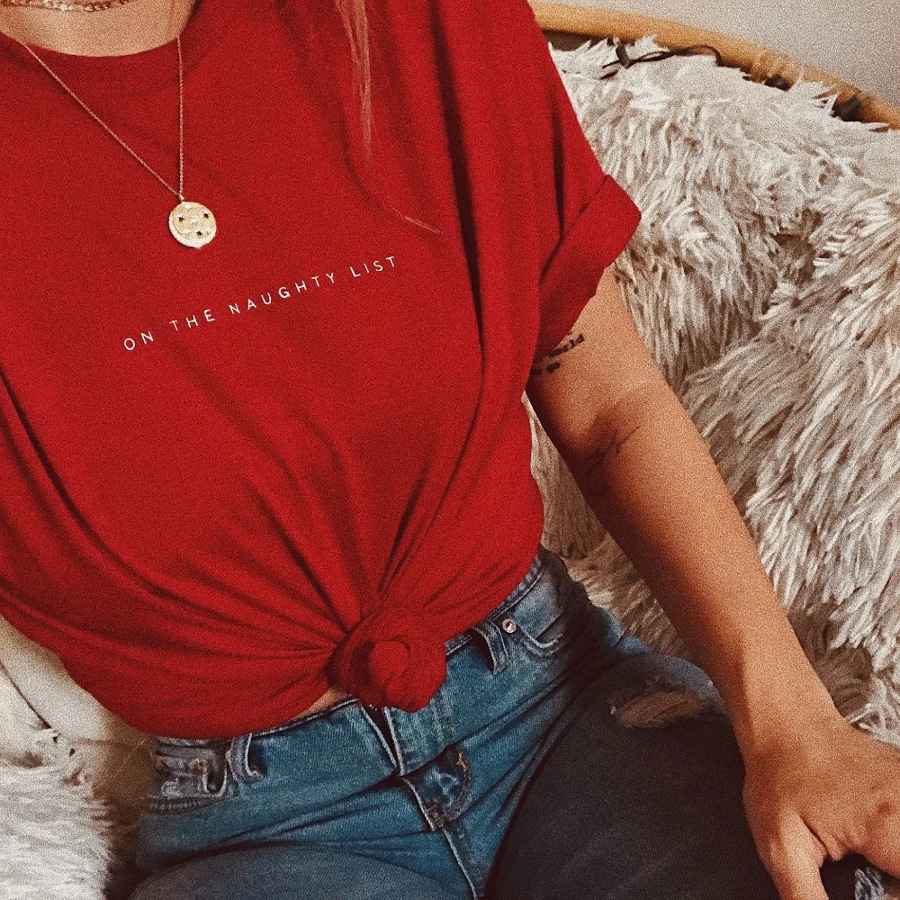 

On the nice naughty list santas list t shirt pure casual funny women fashion slogan couple unisex young hipster tee tops- L344