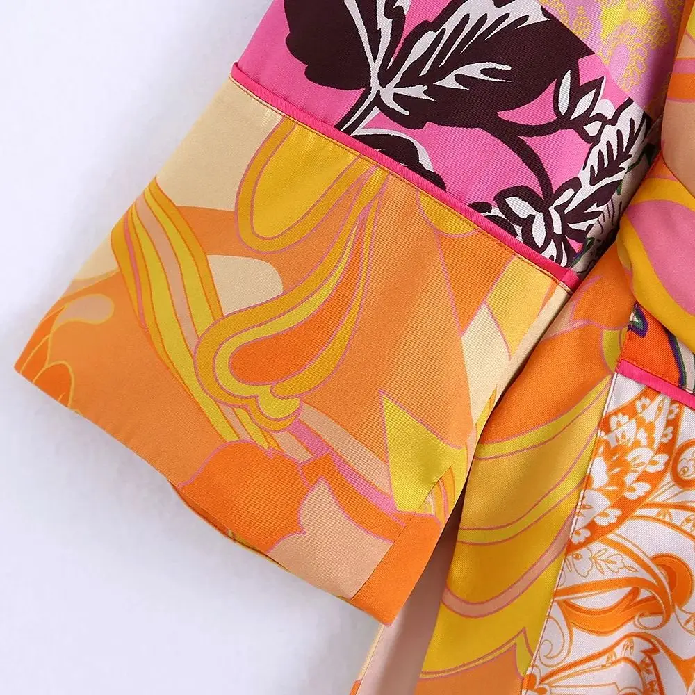 

Za 2021 Women With belt Totem Shirt Kimono Side slit Chic Cardigan Japan style Vintage Printed Bow sashes Blouse Lapel Outerwear