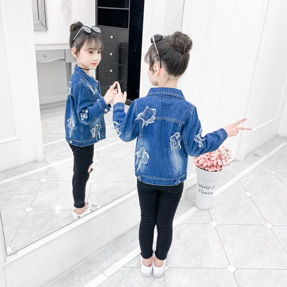Джинсовая куртка для девочек со звездами верхняя одежда пальто рваная Верхняя