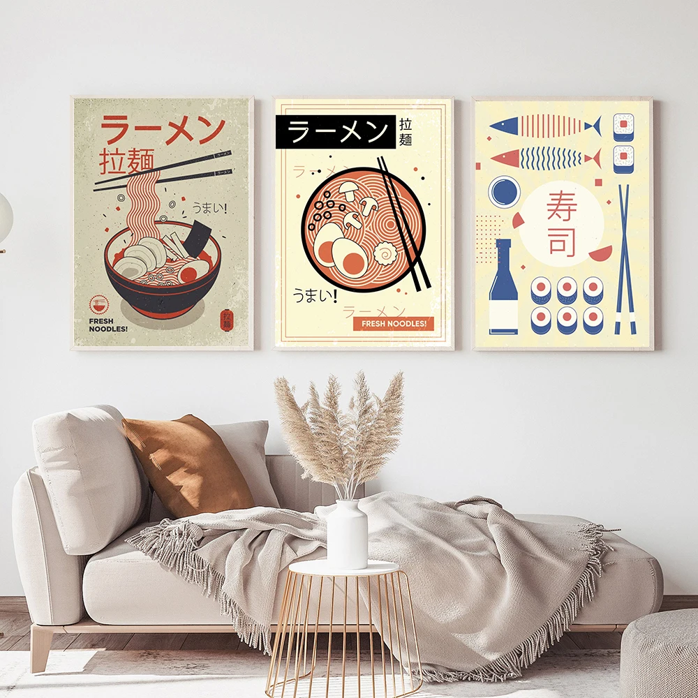 

Ramen Noodles with Eggs Canvas Poster Janpanese Vinatge Sushi Food Painting Retro Kitchen Restaurant Wall Art Decoration Picture