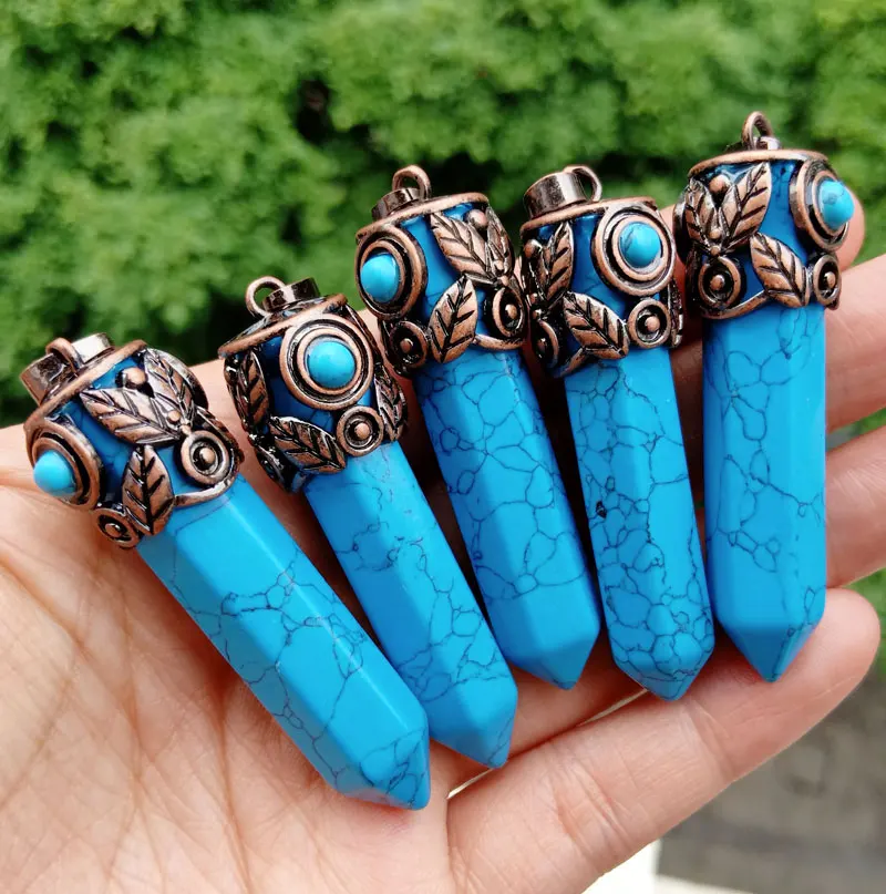 5 шт. Синий Бирюзовый камень кулоны из нержавеющей стали для глаз с шестигранной