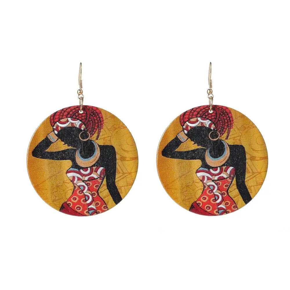 GZBEIYANG 2019 Ethnic Wooden Print African Woman Round Pendant Earrings for Vintage Jewelry Accessories Women Gifts | Украшения и
