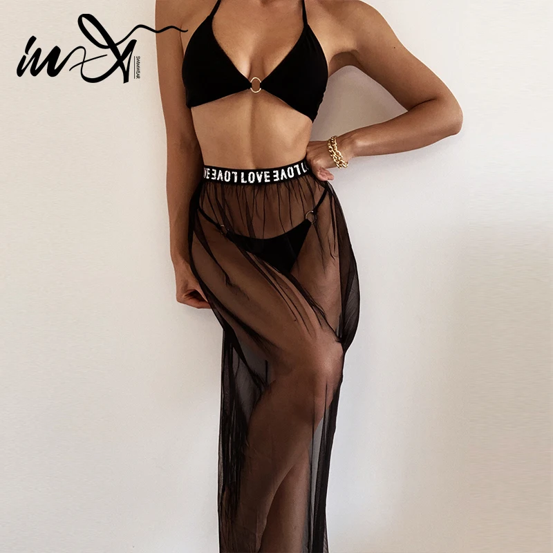 Привлекательный Черный купальник In X с сетчатой юбкой бикини из трех предметов 2020