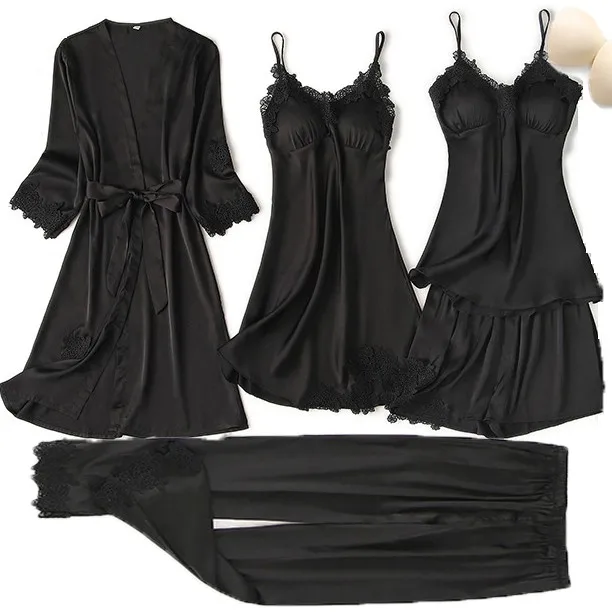 

5PCS Pajama Set Women Lace Trim Satin Sleepwear Suit Pyjamas Summer Bridal Wedding Nightwear Casual Home Wear Kimono Bath Gown