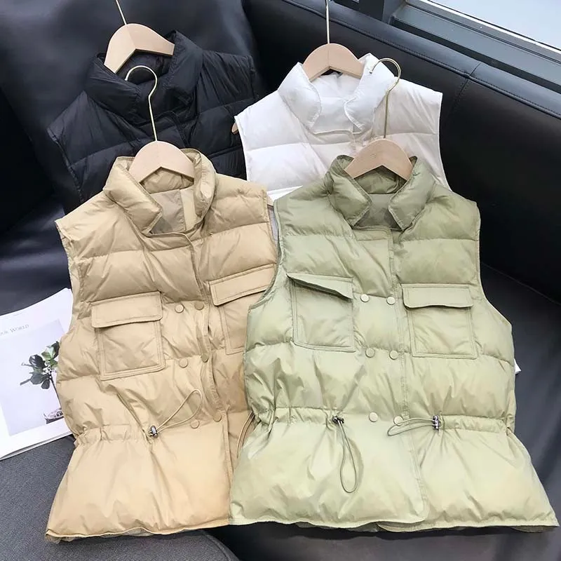 

ZCWXM Vest Winter Women Ultra Light Down Vest Windproof Warm Short Waistcoat Female White Duck Down Coat Sleeveless