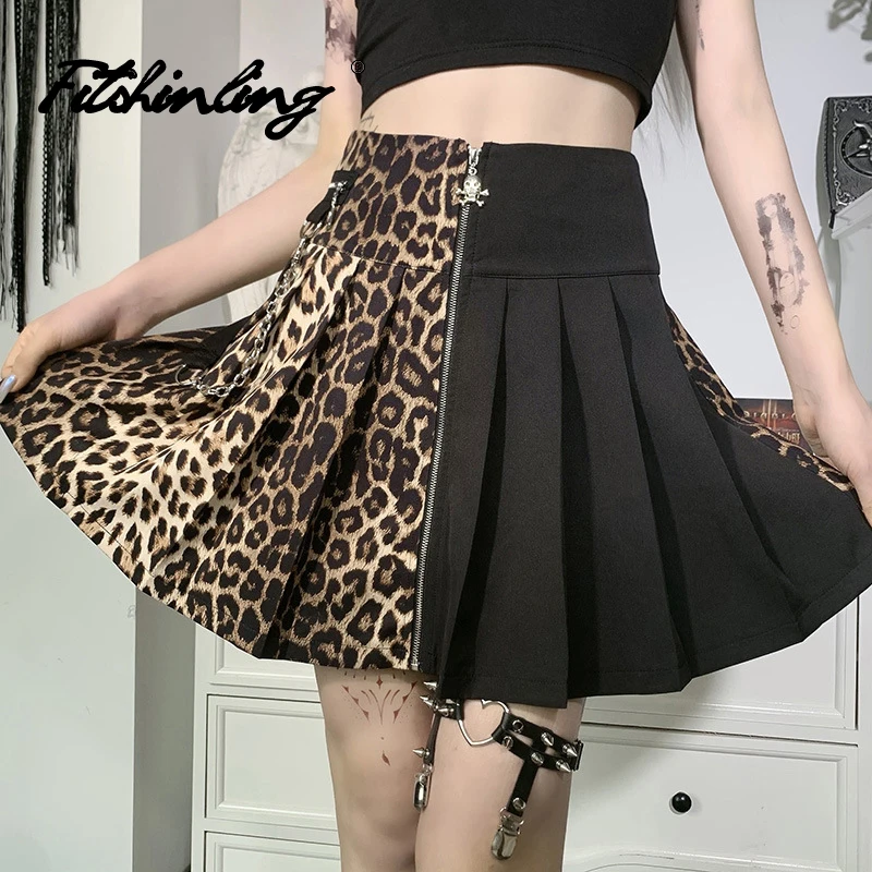 

Fitshinling Mini Skirt Leopard Patchwork Sexy Gothic Zipper Faldas Jupe Female Skirts Chain Grunge Dark Street Style Pleated
