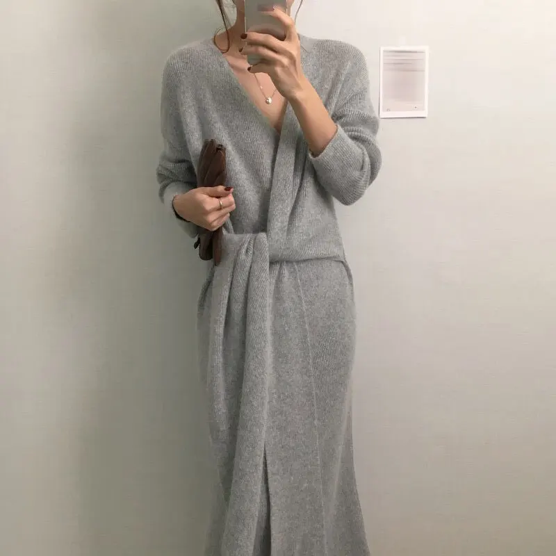 Новинка 2021 корейское кашемировое платье-свитер с поясом женское модное вязаное