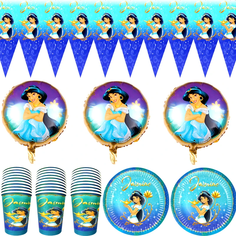 64 шт./лот флаги принцессы жасмин воздушные шары на день рождения баннер тарелки