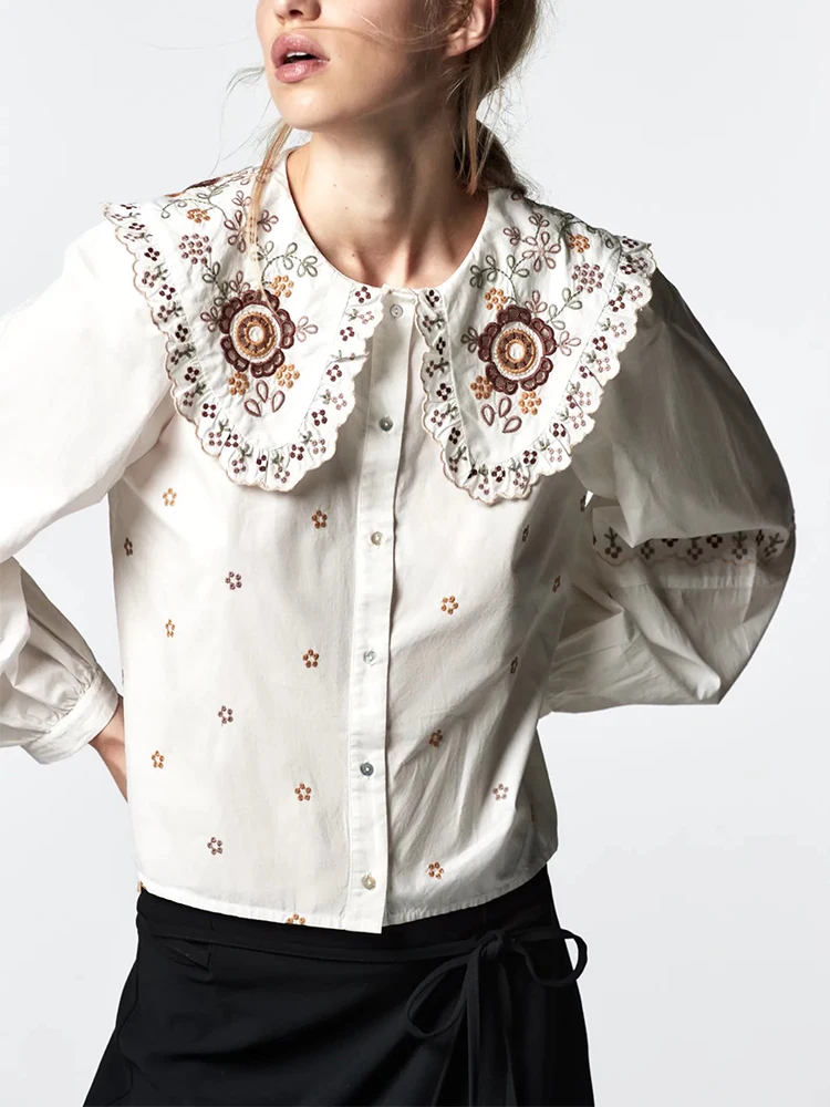 

Новая женская одежда ZA на осень, белая универсальная блузка TRF, дизайнерская нишевая рубашка из поплина с вышивкой и милым кукольным воротни...