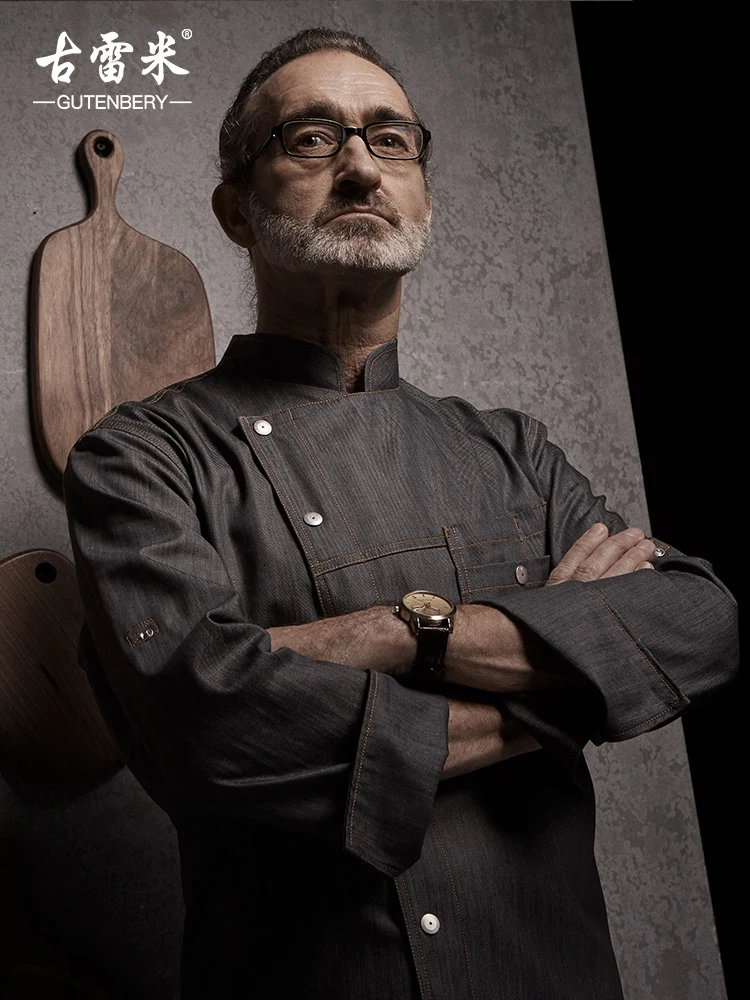 

Весна 2020, джинсовая хлопковая рубашка с длинным рукавом для шеф-повара, ресторана, кухни, пекарни, одежда для мужчин