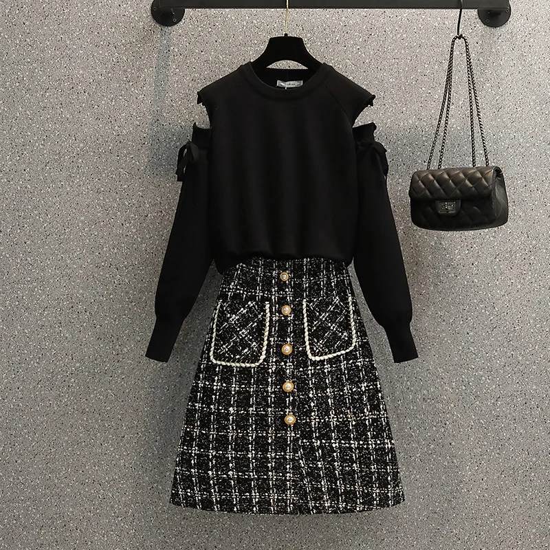 

Женская офисная одежда, новинка 2021, осенне-зимний костюм Y2K, свитер и твидовая клетчатая юбка, комплект из двух предметов
