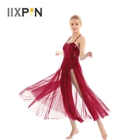 women lyrical dance dress ballet spaghetti strap sleeveless sequined leotard bodysuit dance dress with split mesh maxi skirt
