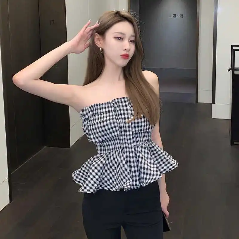 

Real Shot Sexy Bandeau Slim-Fit Short Plaid Sling Small