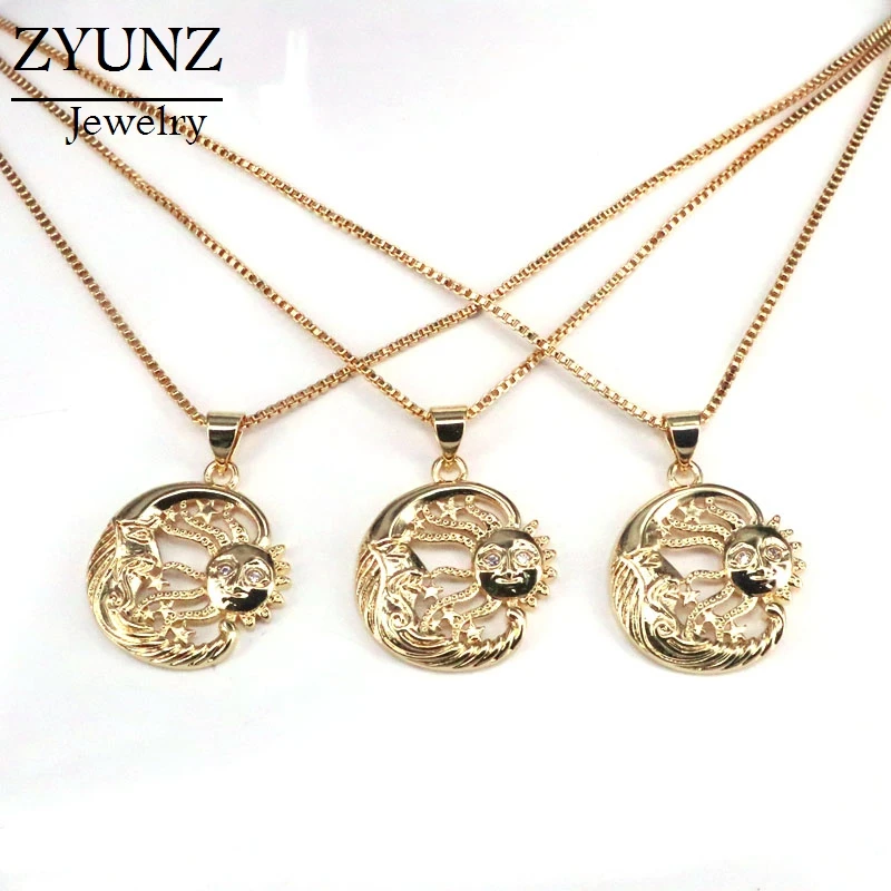 

10PCS, Gold Color Fashion Jewelry Zirconia Micro Pave CZ Sun And Moon Pendant Necklace