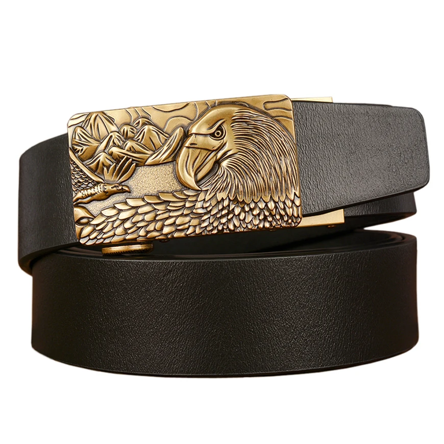 Drop Shipping Genuine Leather men Ratchet belts Gold Eagle Automatic Buckle Fashion Luxury Causal Cowskin Dress for | Аксессуары для